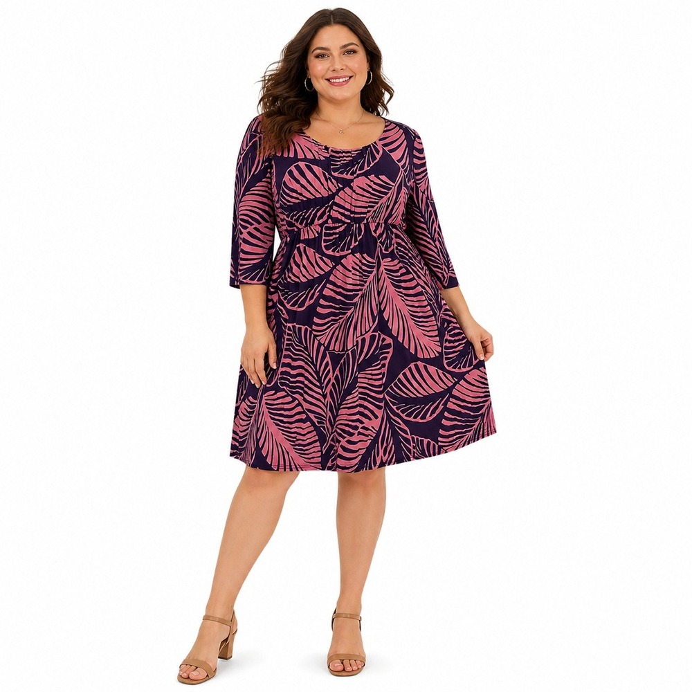 Boden Women's Dress Sz 16 Purple Pink Fern Leaf Tropical Fit & Flare Jersey Knit